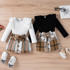 eBay new autumn and winter children's dress with ruffles long-sleeved set plaid bowknot skirt three-piece set 