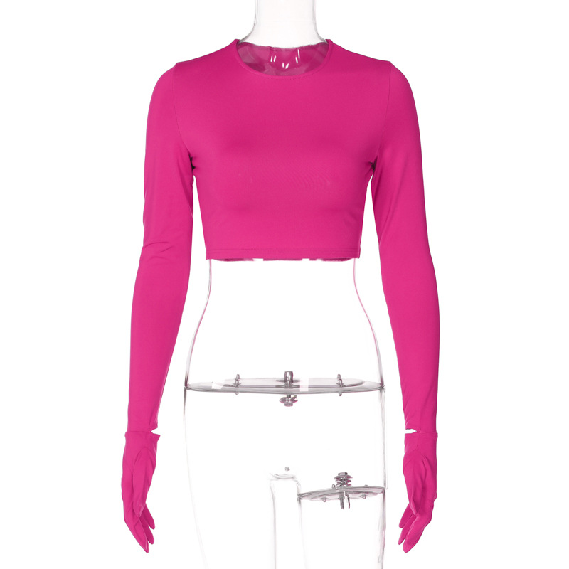 Damen 2024 Sommer Neue Mode Einfarbig Slim Fit Offene Nabelschnur Rundhals Langarm Handschuh T-Shirt Top_voghion.com