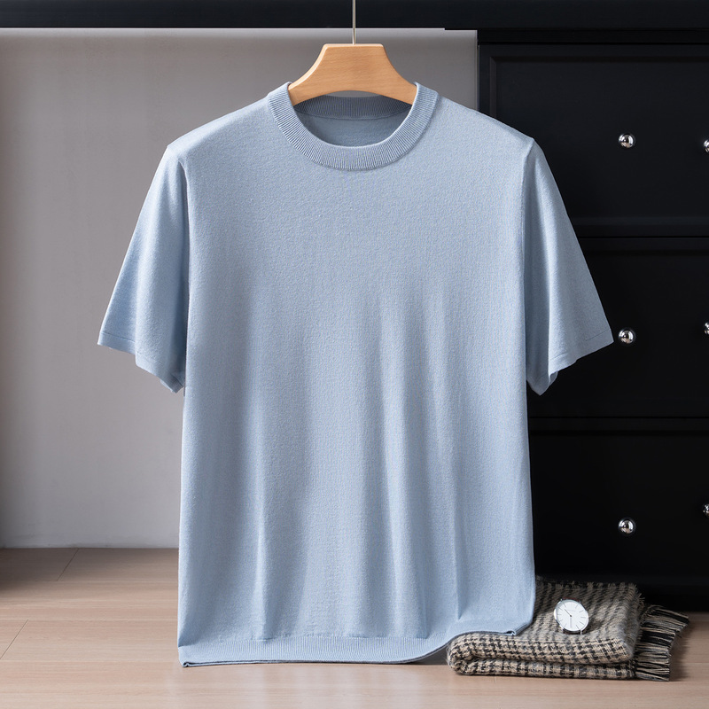 Light Luxury Mulberry Silk Fashionable Casual Round Neck T-Shirt for Men, Spring and Summer Thin Short-Sleeve Knit Fine-Spun Cashmere Base Shirt Light Luxury Mulberry Silk Fashionable Casual Round Neck T-Shirt for Men, Spring and Summer Thin Short-Sleeve Knit Fine-Spun Cashmere Base Shirt