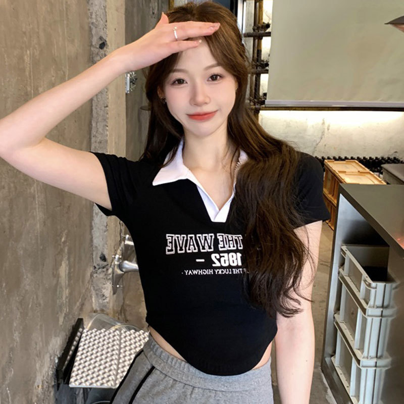 American Sexy Polo Collar Contrasting Color Right Shoulder Short-Sleeved T-Shirt Women's Summer Design Asymmetrical Slimming Look Short Top