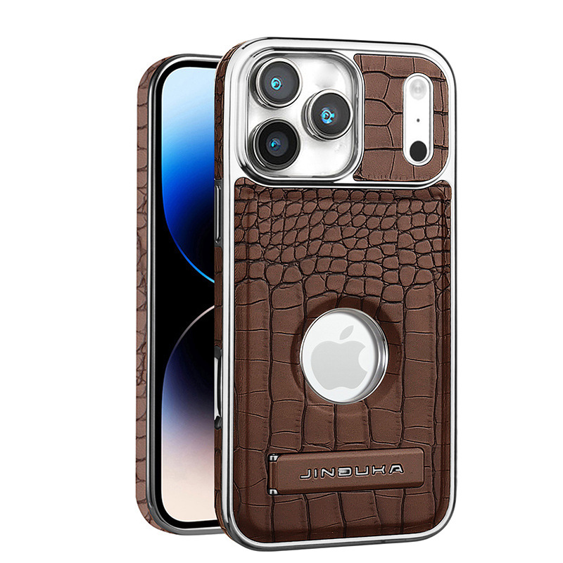 Ốp lưng da vân cá sấu cao cấp cho iPhone 16/17 Pro Max, có chân đế và hỗ trợ sạc không dây từ tính — đen, màu xanh, màu nâu nhạt, nâu sẫm chi tiết 11