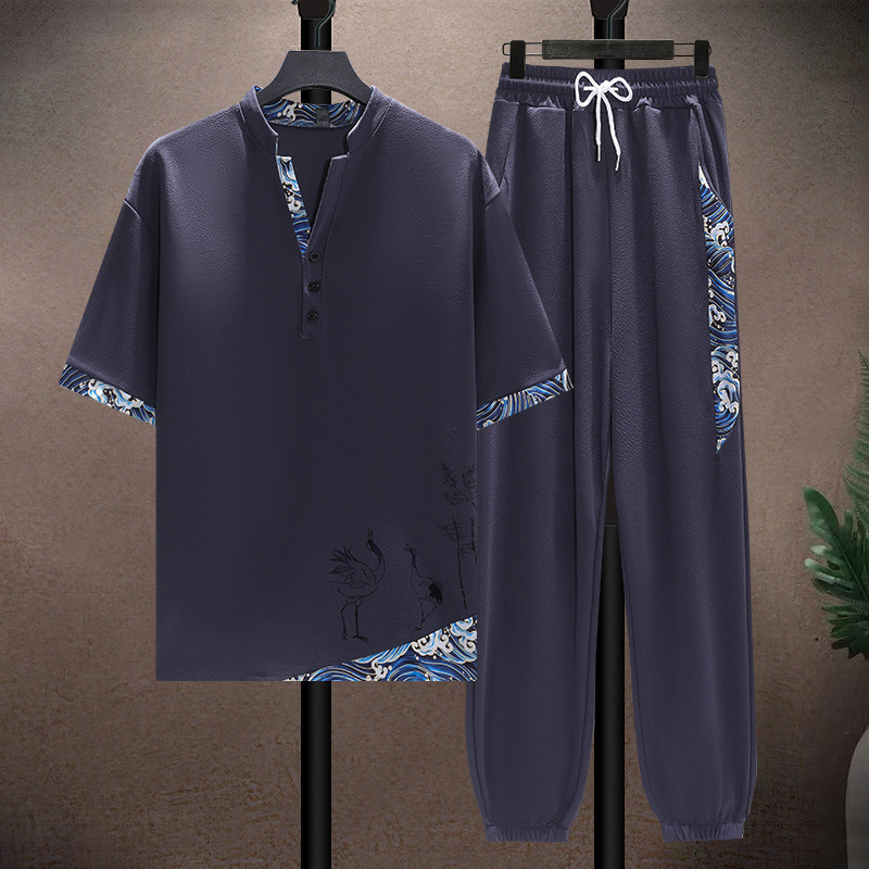 Men's Clothing Ice silk suit men's summer thin Tang suit short sleeve casual large size style men's loose Hanfu suit_voghion.com