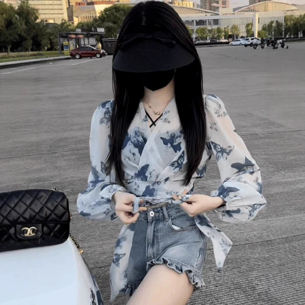 Французский шифоновый топ с размазанным бантом для женщин, летняя легкая роскошная высококачественная тонкая рубашка с длинными рукавами на бретелях, солнцезащитная одежда