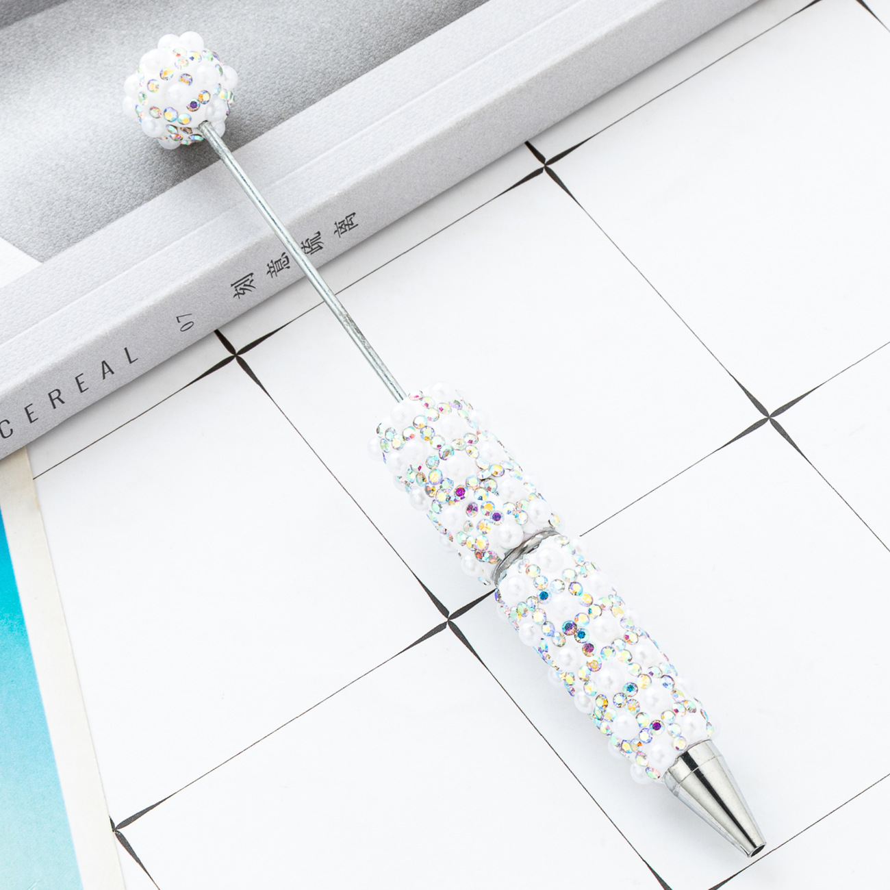 Bolígrafo con cuentas de perlas lleno de diamantes de bricolaje, bolígrafo con cuentas de perlas de diamantes pegados a mano, bolígrafo con cuentas de plástico multicolor