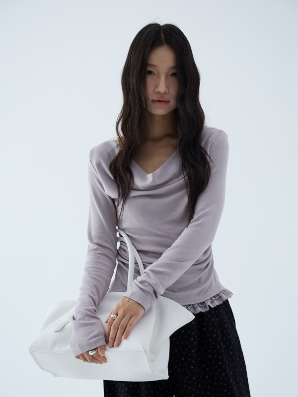 【欧凡】纯欲风荡领蕾丝挂脖假两件长袖T恤女25秋季别致上衣3140|undefined