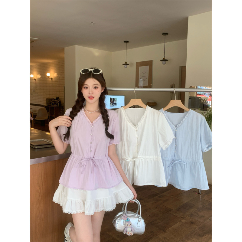 Light Blue Lace V-Neck Short-Sleeved Shirt for Women 2026 Summer Plus Size Unique and Beautiful Drawstring Waist Top Light Blue Lace V-Neck Short-Sleeved Shirt for Women 2026 Summer Plus Size Unique and Beautiful Drawstring Waist Top