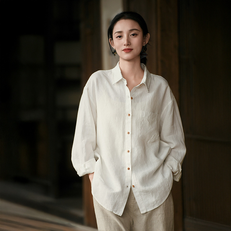 Deer and an Di Spring New Hemp Long-Sleeve Shirt for Women, Loose Fit, High-End Feel, New Chinese Style, Elegant White Shirt for Women Deer and an Di Spring New Hemp Long-Sleeve Shirt for Women, Loose Fit, High-End Feel, New Chinese Style, Elegant White Shirt for Women