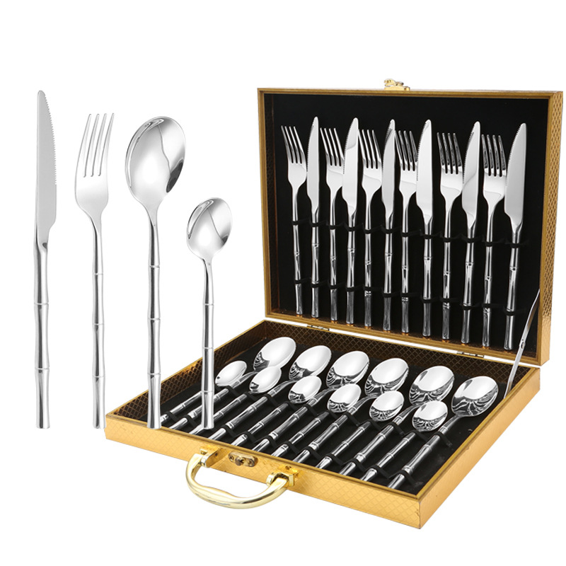 Amazon transfronterizo 304 vajilla de acero inoxidable 24 unidades traje bambú cuatro principal Caja de regalo cuchillo tenedor cuchara traje