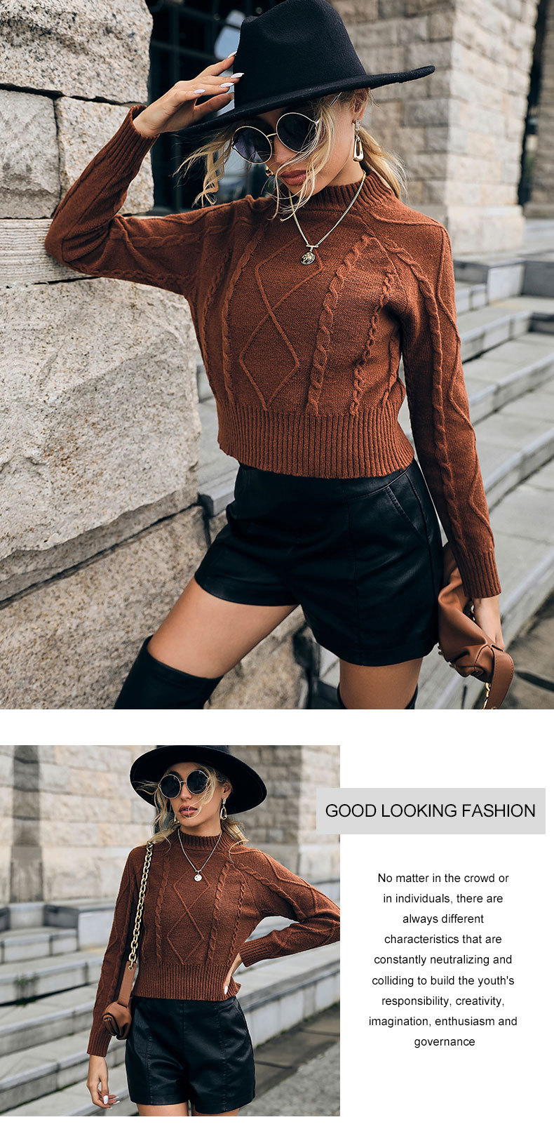 Einfarbiger, kurzer Strick-Twist-Pullover mit Rundhalsausschnitt_voghion.com