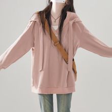 大码设计感小众假两件连帽卫衣女装春秋薄款中长款过臀小个子上衣