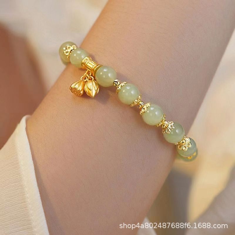 Hetian Jade Two Generations of Happiness Lotus Bracelet for Women, Best Friend, Student, Ins Style, Niche Design, Versatile, Gift, Handmade