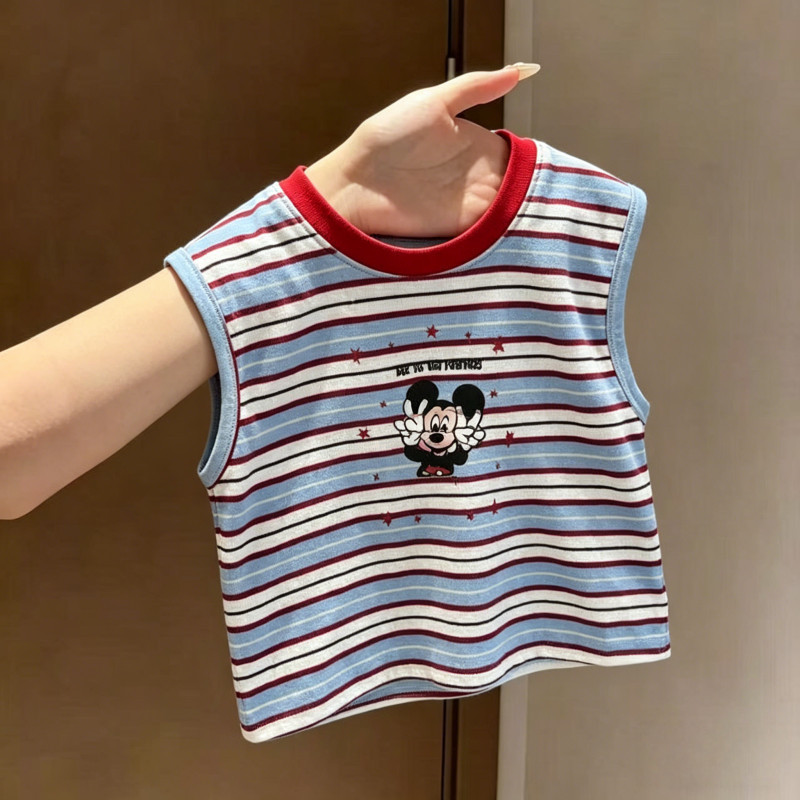 Cute Sleeveless Children's T-Shirt for Boys, Cartoon Striped Vest, Summer Thin Printed Top