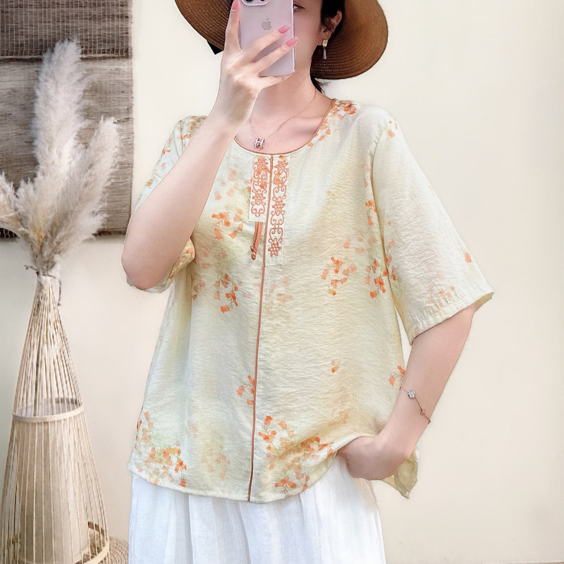 2026 Summer New Style Retro Ethnic Style Tencel Linen Short-Sleeved T-Shirt Round Neck Printed Loose Large Size Women's Top