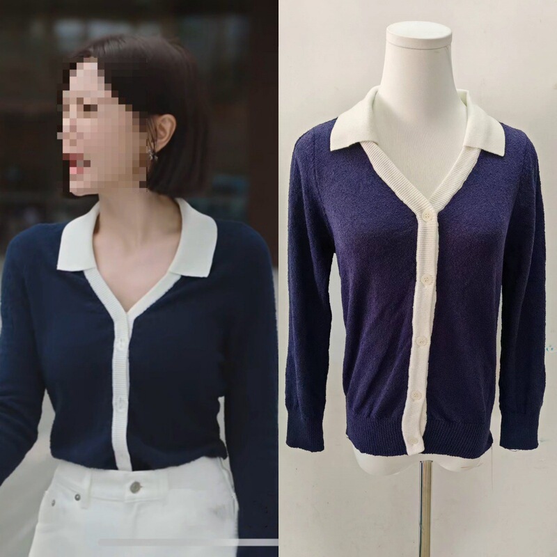 Long-Term In-Stock 2025 Spring Shining Her Qin Lan and Guan Wen Same Style Polo Collar V-Neck Color-Block Knit Sweater Top for Women