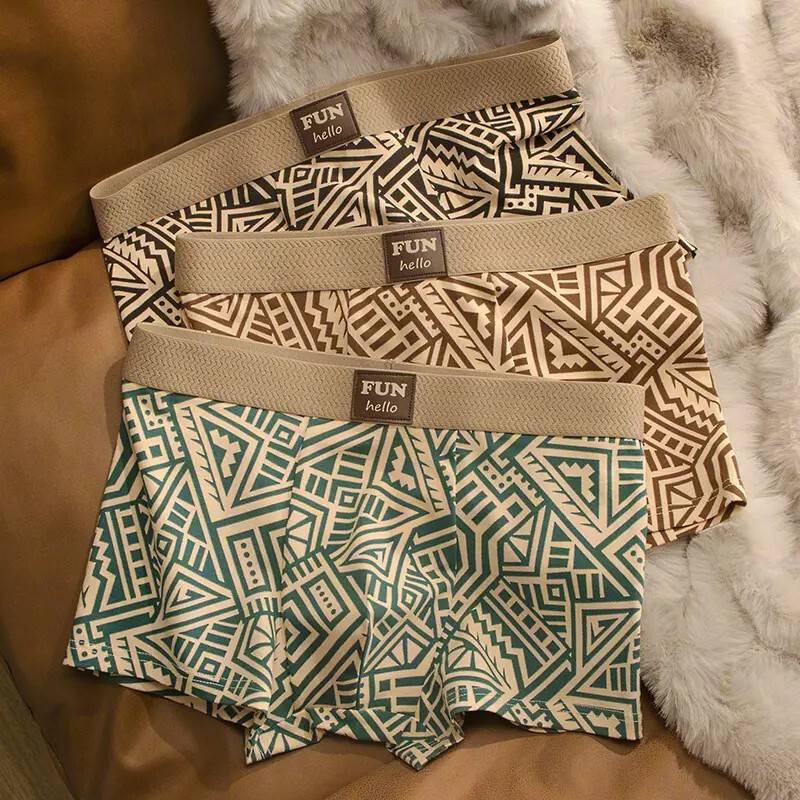 [Single Pack] Men's Underwear Cotton Ethnic Style New Trendy Geometric Printed Boxer Briefs Breathable and Plaid