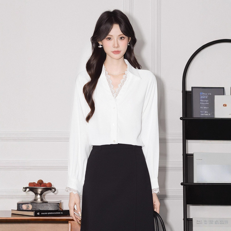 2025 New Autumn Long-Sleeved Lace Shirt Women's Professional Slim Workwear Bottoming Shirt White V-Neck