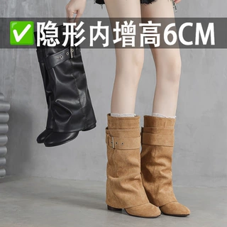现货版~增高女鞋新款套筒两穿可拆卸裤管靴长筒复古西部小众大腿