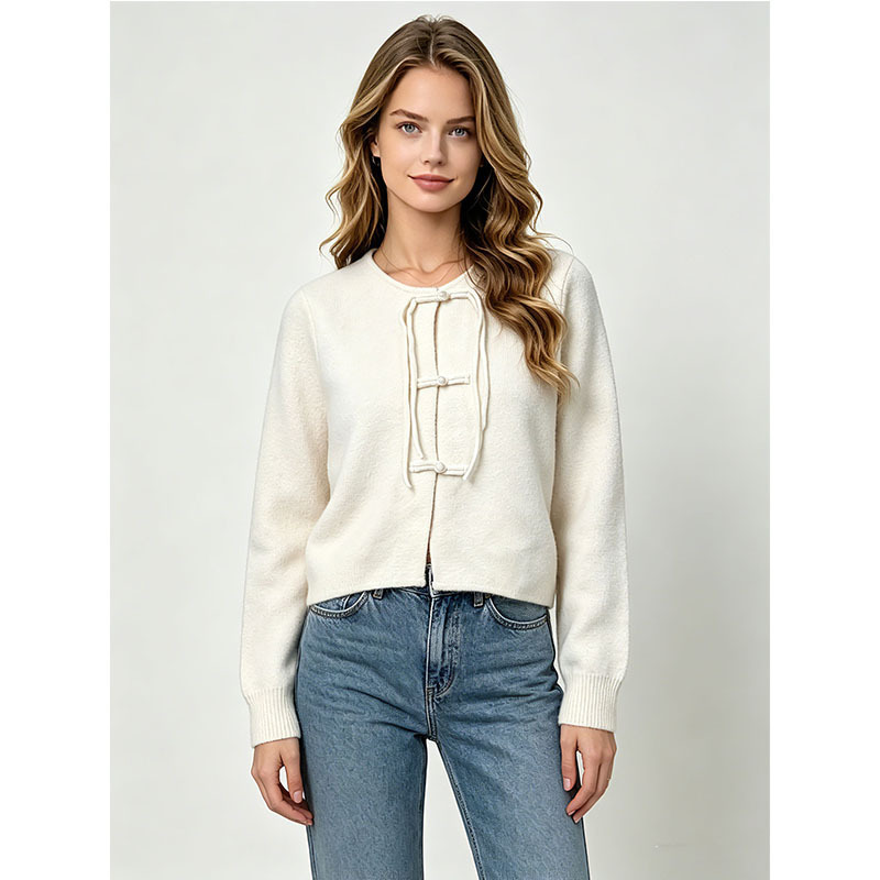Cross-border autumn and winter new Chinese-style buttoned knitted cardigan for women, off-white round-neck casual sweater coat, wholesale from the source factory Cross-border autumn and winter new Chinese-style buttoned knitted cardigan for women, off-white round-neck casual sweater coat, wholesale from the source factory