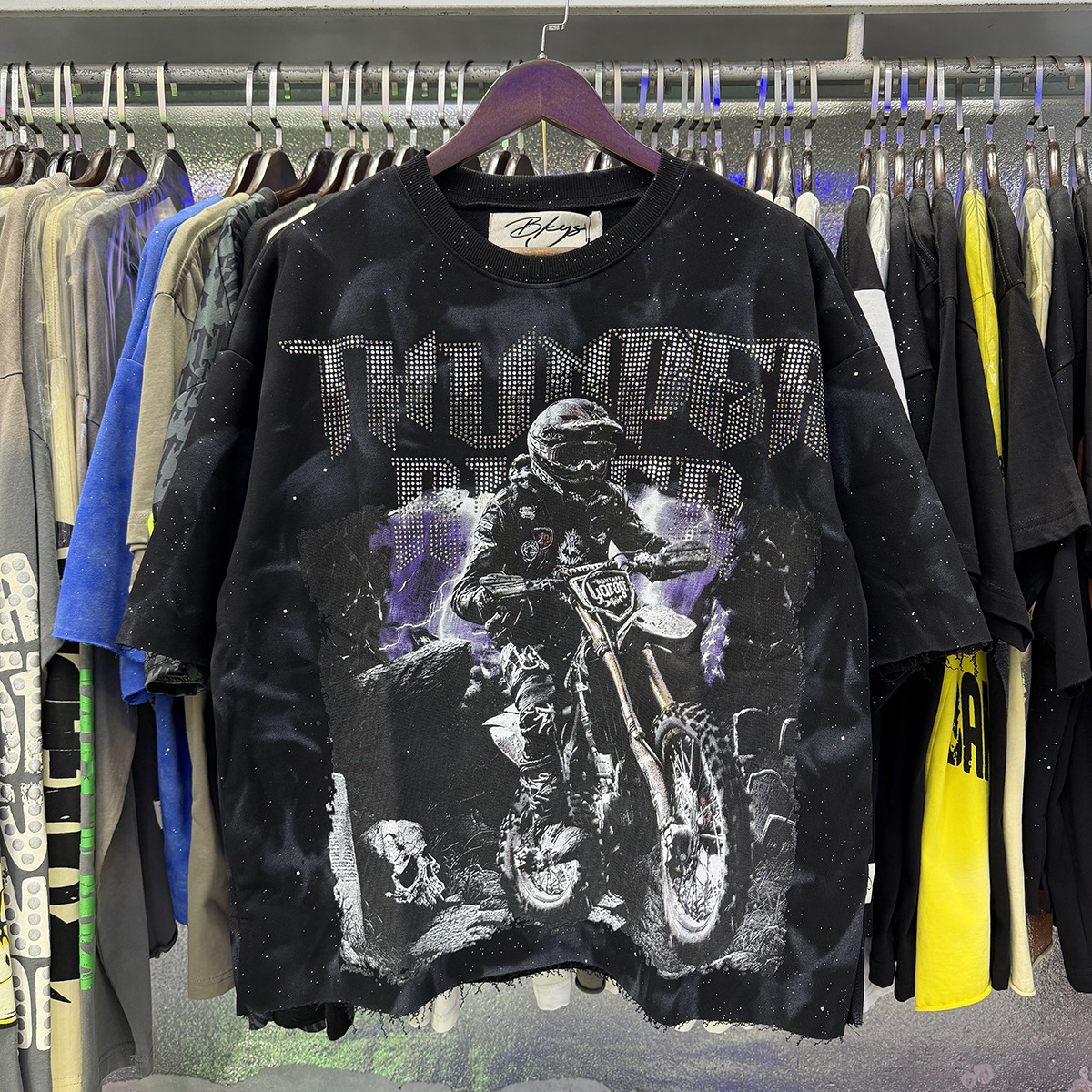 Transfronterizo nueva venta en caliente BKS camiseta de manga corta extraña esqueleto retro lavado de agua caliente perforación en caliente para hombres y mujeres de moda en stock lotes