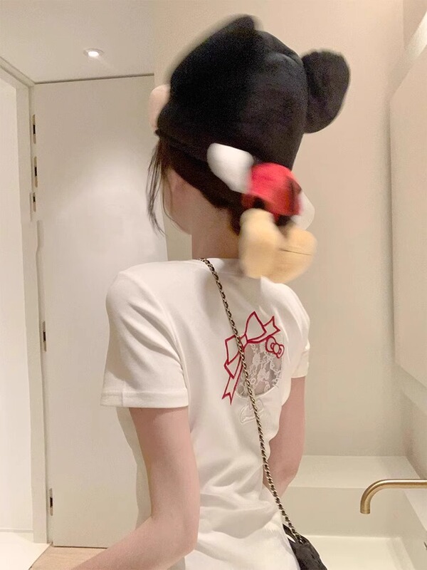 純粋な欲望スタイル中空レースキティ猫半袖 Tシャツ女性の夏スリム V ネック甘いホットガールショートトップ|undefined