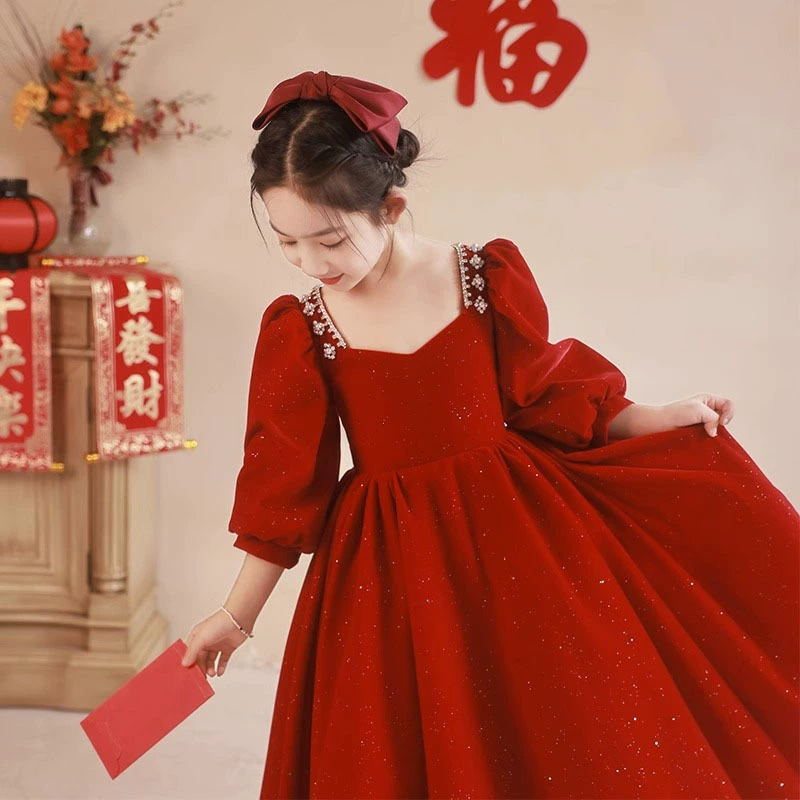Children's red flower girl dress, small princess costume, suit, western style