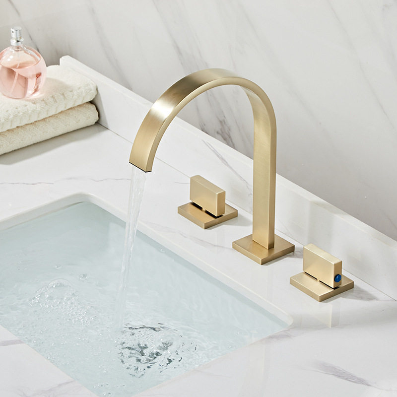 Brushed gold European-style dual-handle two-piece three-hole vanity basin faucet for bathroom cabinet washbasin Brushed gold European-style dual-handle two-piece three-hole vanity basin faucet for bathroom cabinet washbasin