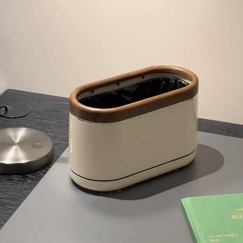 Maillard Style Trash Can for Home Use in Bedroom, Living Room, Bathroom, Kitchen, Lidless, Walnut Color, Oval-Shaped Trash Can