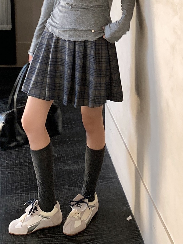 衣尔衫 英伦街道 格纹复古百褶裙半松紧腰半身裙女短裙气质0626|undefined
