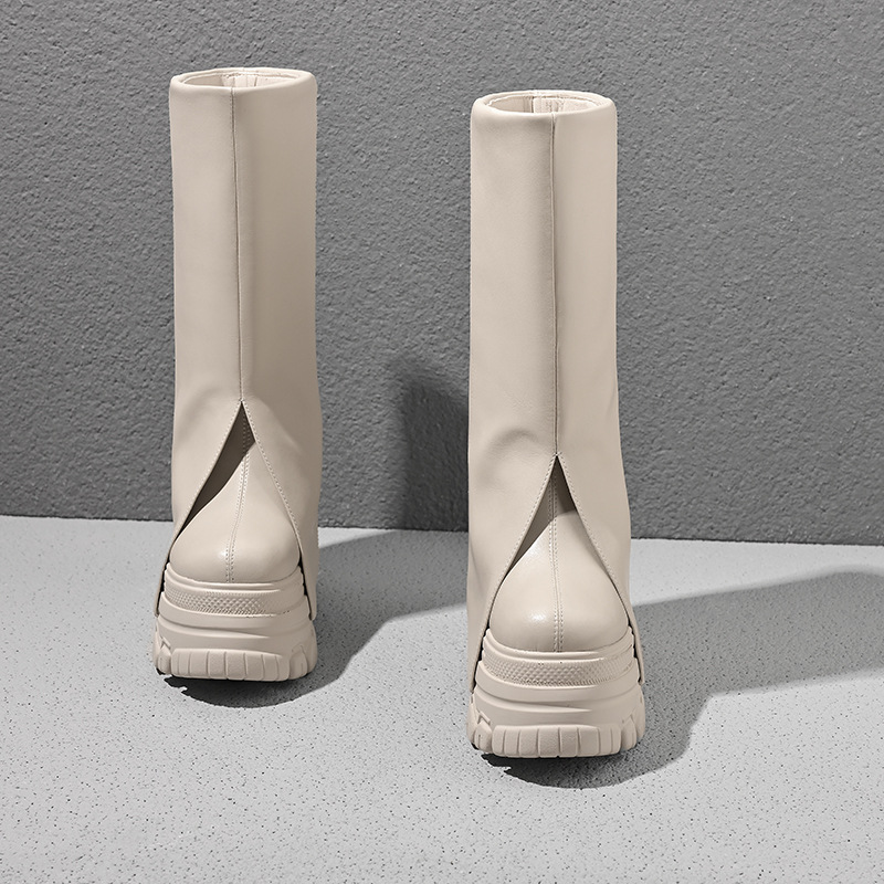 Boot nữ cổ cao ôm bắp chân đế dày gót 12 cm phong cách Anh quốc — Đen nhung chi tiết 8