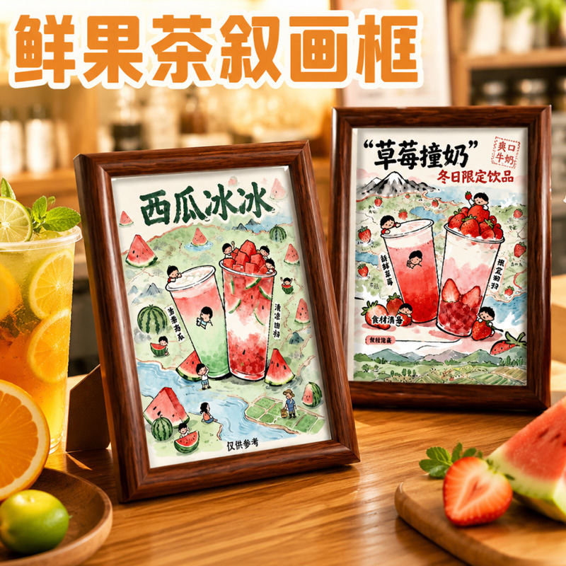 New Trendy Chinese-Style Hand-Painted Fresh Fruit Tea Frame, Milk Tea Shop Watermelon Ice Cream Strawberry Milk Decoration Painting Display Frame