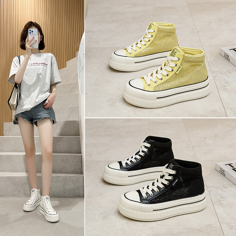 Fashion Sneakers for Women 2025 Summer New Thick-Soled Casual Shoes for Small People Increased Mesh Breathable High-Top White Shoes