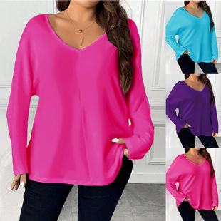2025 European and American Cross-Border Amazon Autumn and Winter New Fashion Casual Plus Size Women's Pure Color Large V-Neck Bat Sleeve T-Shirt