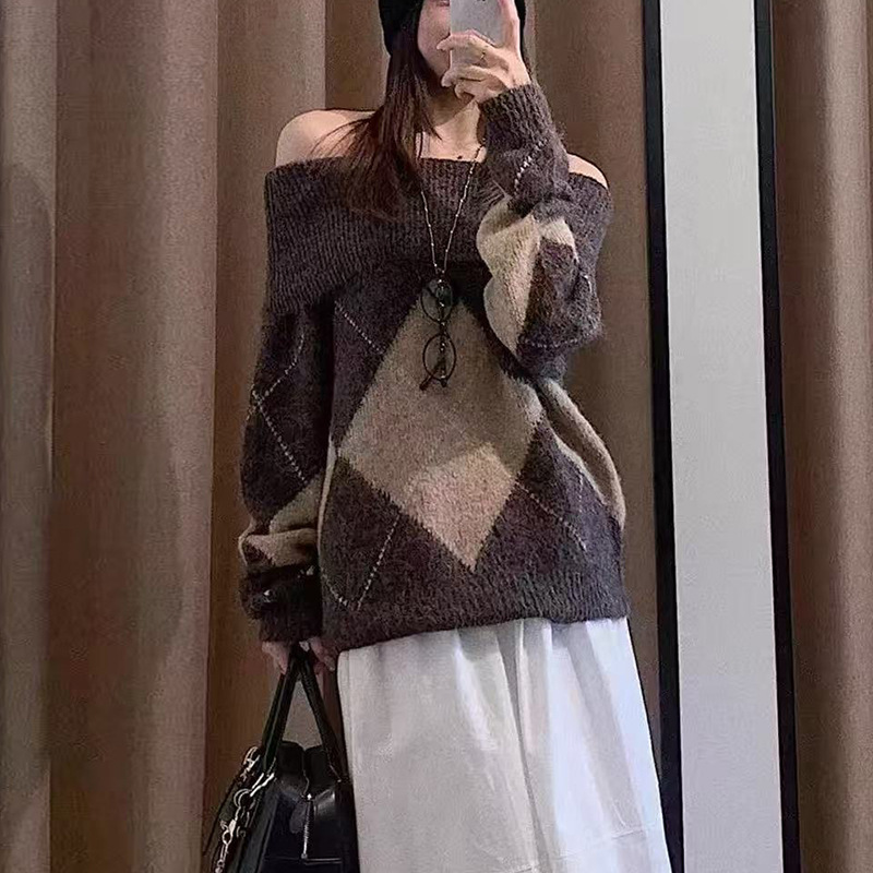Cross-Border Foreign Trade European and American Style Women's Sweater, Off-Shoulder Loose Fit, Diamond Pattern, Color-Blocking Pullover Knit Sweater for Women Cross-Border Foreign Trade European and American Style Women's Sweater, Off-Shoulder Loose Fit, Diamond Pattern, Color-Blocking Pullover Knit Sweater for Women