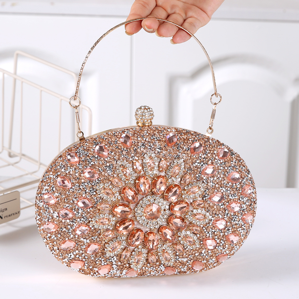 337g Weight Polyester Lining Material Lock clasp Closure Type Top Handle Strap Type Evening Bag Bags Type Party Occasion Pu Leather Material Printing Pattern All Seasons Season Women's Gender Diamond Design Elegant Style Oval Shape Small Size Pu Leather Printing Oval Evening Bags 23