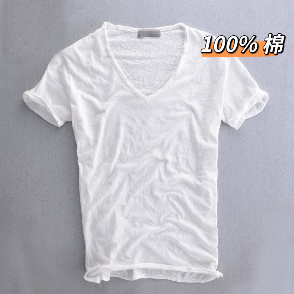 Summer Bamboo CoTTon Men's ShorT-sleeVed T-shirT  Simple Pure Color T-shirT V Neck Slim Raw Edge Old Thin T