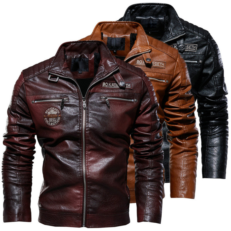 Cross-Border Men's Leather Jacket 2026 New Style Men's Pu Leather Coat European and American Motorcycle Jacket with Fleece Lining Men's Leather Jacket
