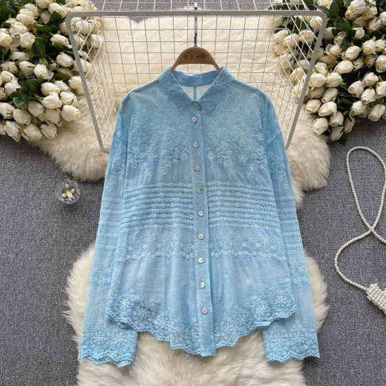 Korean Style Ins Sweet and Gentle Long-Sleeved Lace Stitching Embroidered Shirt Women's Fashionable All-Match Irregular French Top