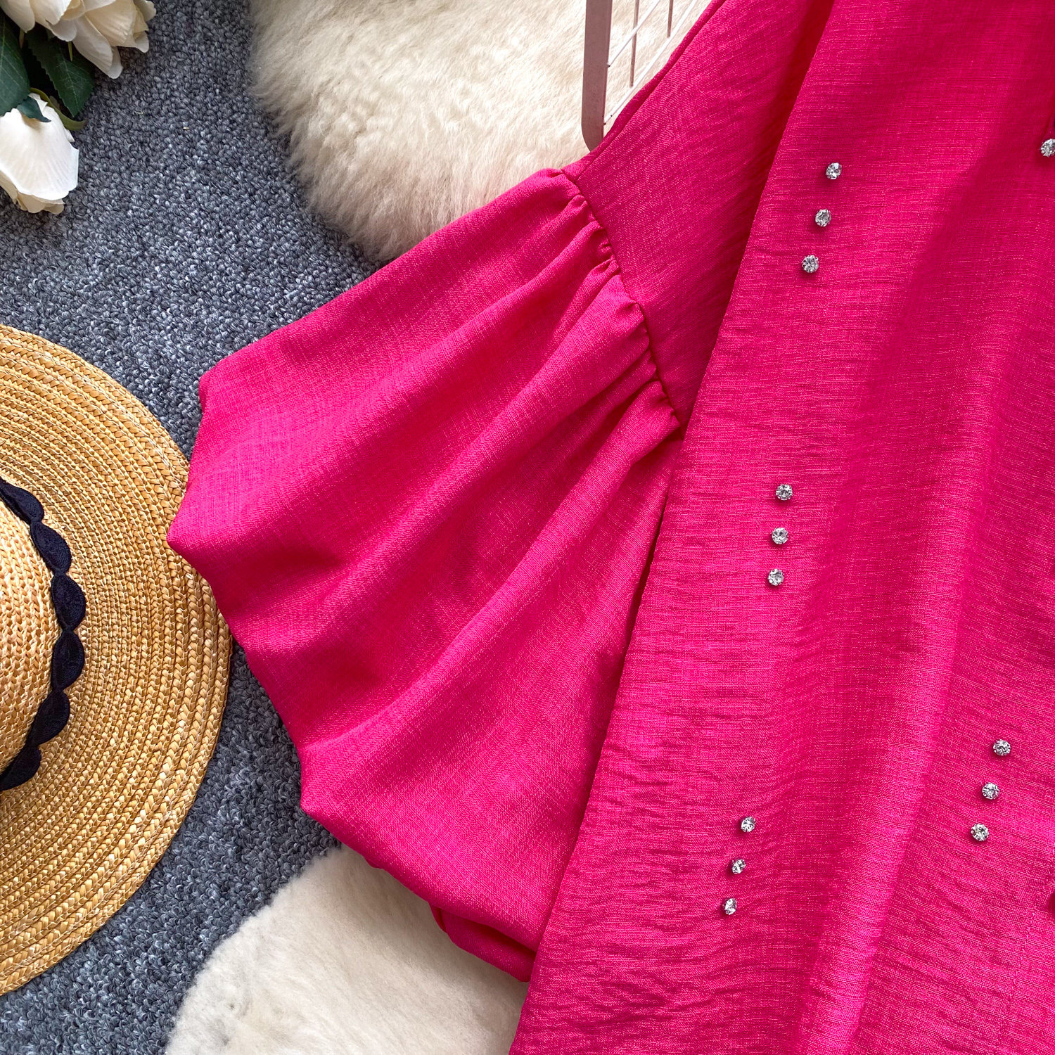 Women's French Style Rhinestone Blouse Summer Lantern Sleeve Cardigan Beaded Collar Loose Fit Versatile High End Top Heavy Duty_ecoleips.com