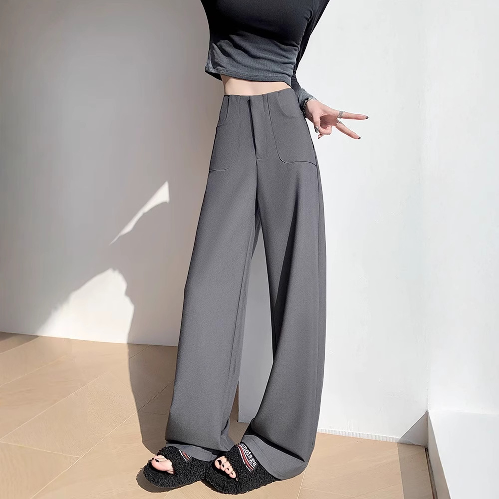 Pantalones de piernas anchas grises para mujeres 2025 primavera nueva cintura alta relajada relajada pantalones casuales rectos pantalones de traje estrechos