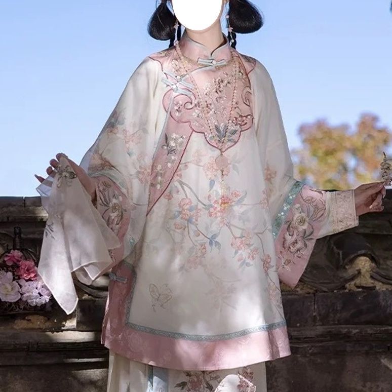 复原汉服清汉女清朝格格大袖重工印花马面裙套装汉洋折衷国风华服|undefined
