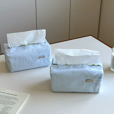 Korean-Style Blue Striped Tissue Box Fabric Tissue Cover with Simple Embroidery, High-End Feel, Desktop Decoration Ornament