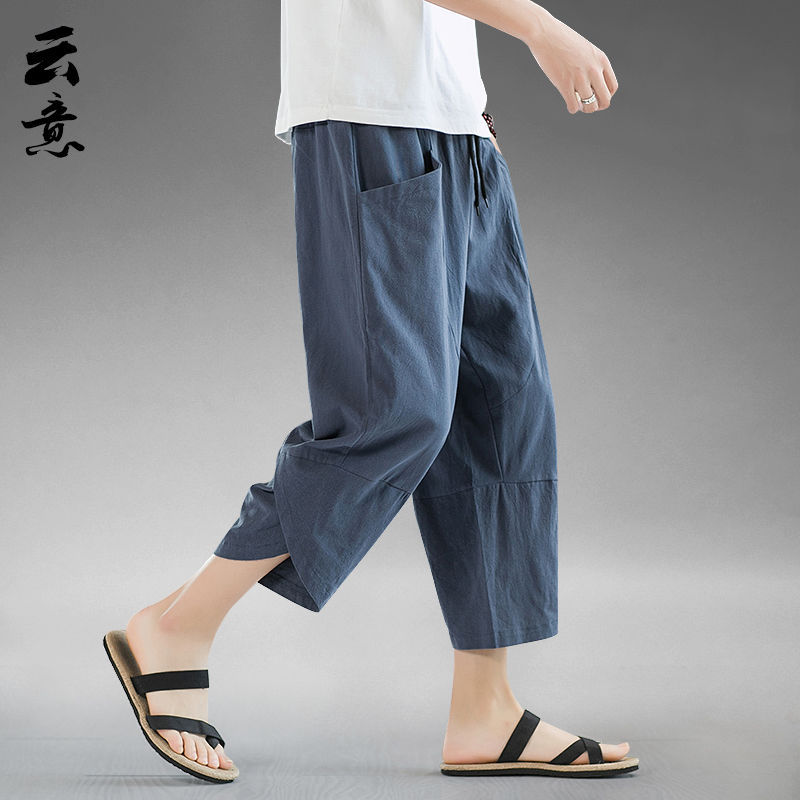 Pantalones cortos de verano, pantalones casuales de lino fino para hombres, pantalones harem sueltos de gran tamaño de estilo chino, pantalones cortos de playa de algodón y lino, marea