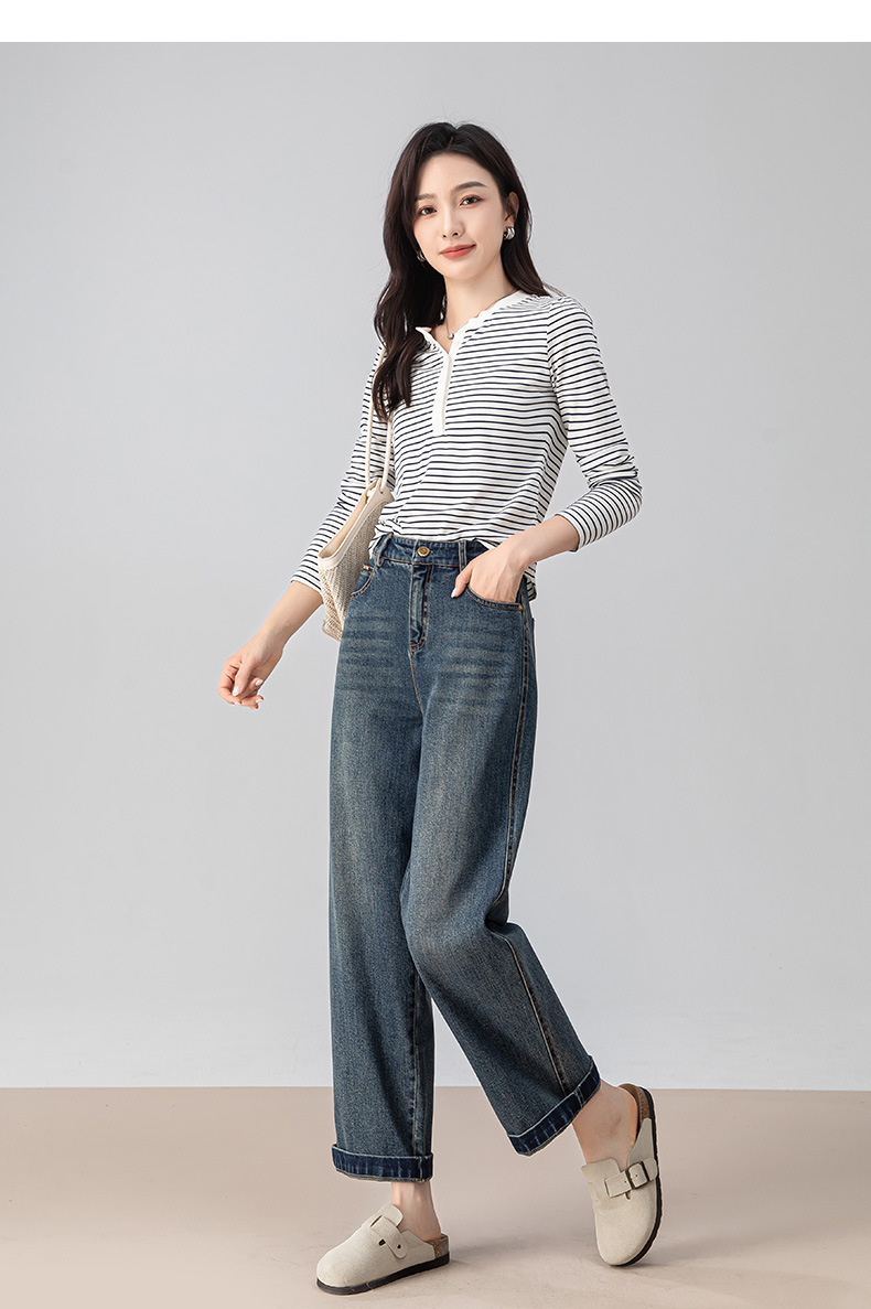 Quần jeans nữ cạp cao ống rộng dáng chuối — màu xanh chi tiết 25