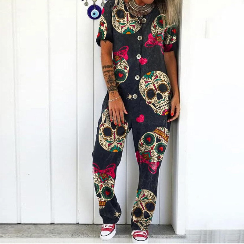 Women's Street Punk Skull Full Length Printing Jumpsuits display picture 1