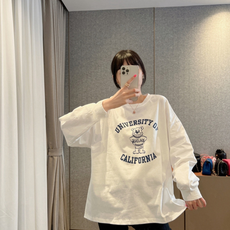 重いポンドの純綿の長袖のtシャツの女性の春秋のゆったりしている潮のinsの原宿のbfの丸首の韓国版のファッションの風の上の服装|undefined