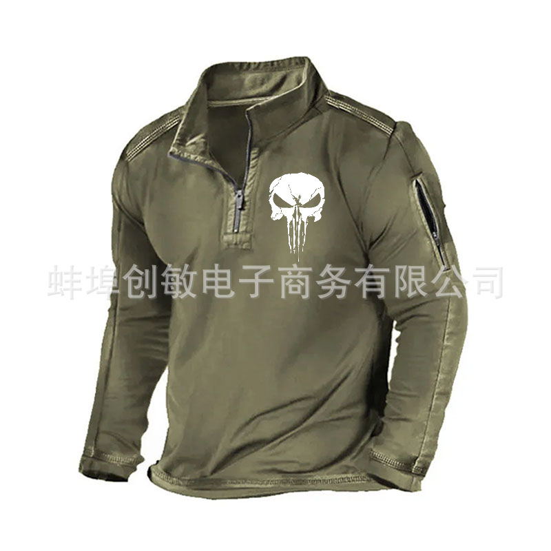 Primavera y otoño Comercio exterior más tamaño de los hombres al aire libre bolsillo con cremallera media cremallera cuello táctico de manga larga Camiseta suéter casual