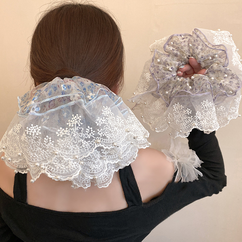 ミストヒヤシンス〜スーパーフェアリーラージふわふわ二層オーガンザイミテーションビーズヘアゴム刺繍ヘッドバンドヘッドアクセサリー|undefined
