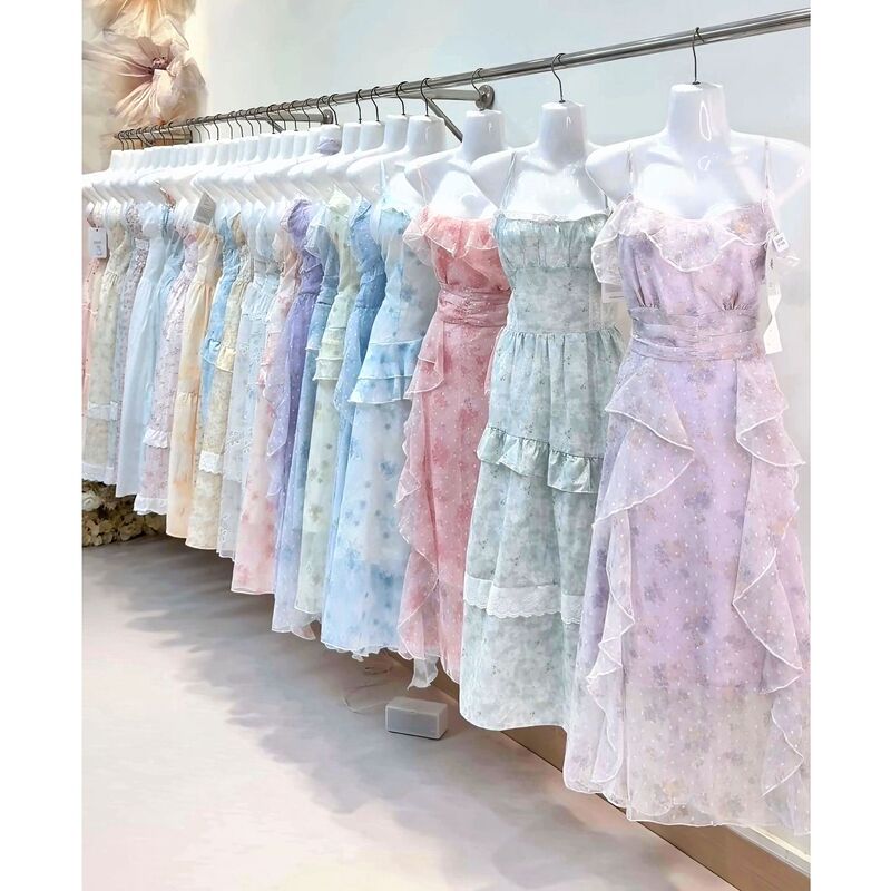 French-Style Gentle Ruffled Waist-Cinching Floral Spaghetti Strap Dress for Women, Summer Slimming Fairy Dress, Women's Clothing from Shisanxing