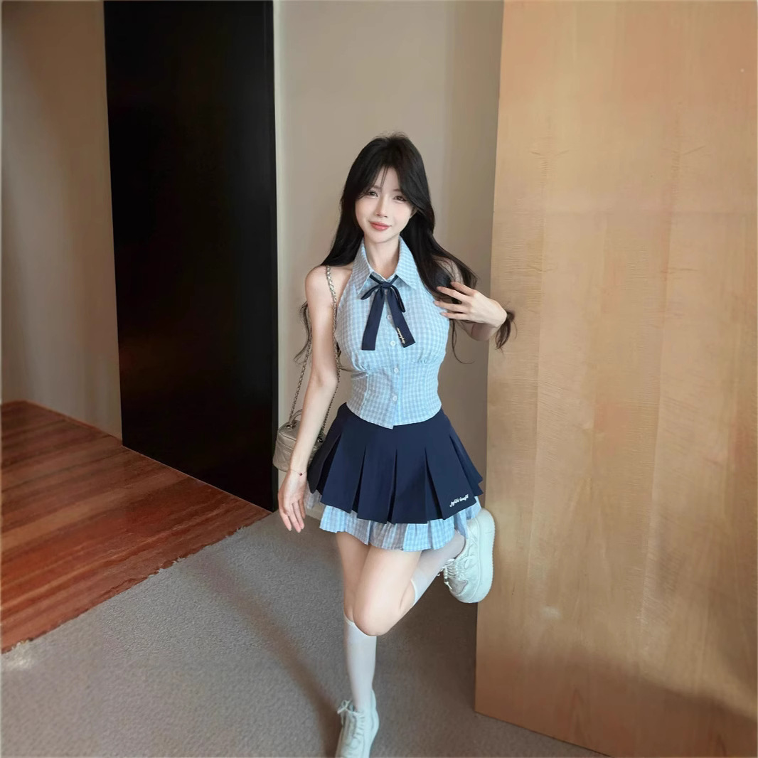 Summer New Preppy Style Suit Jk Uniform Sexy Pure Desire Plaid Sleeveless Halter Shirt High Waist Skirt