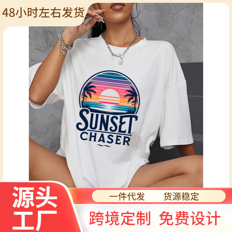 Sunset Chaser Ladies Graphic T-Shirt Cotton Y2K Retro Style Tropical Sunset with Palm